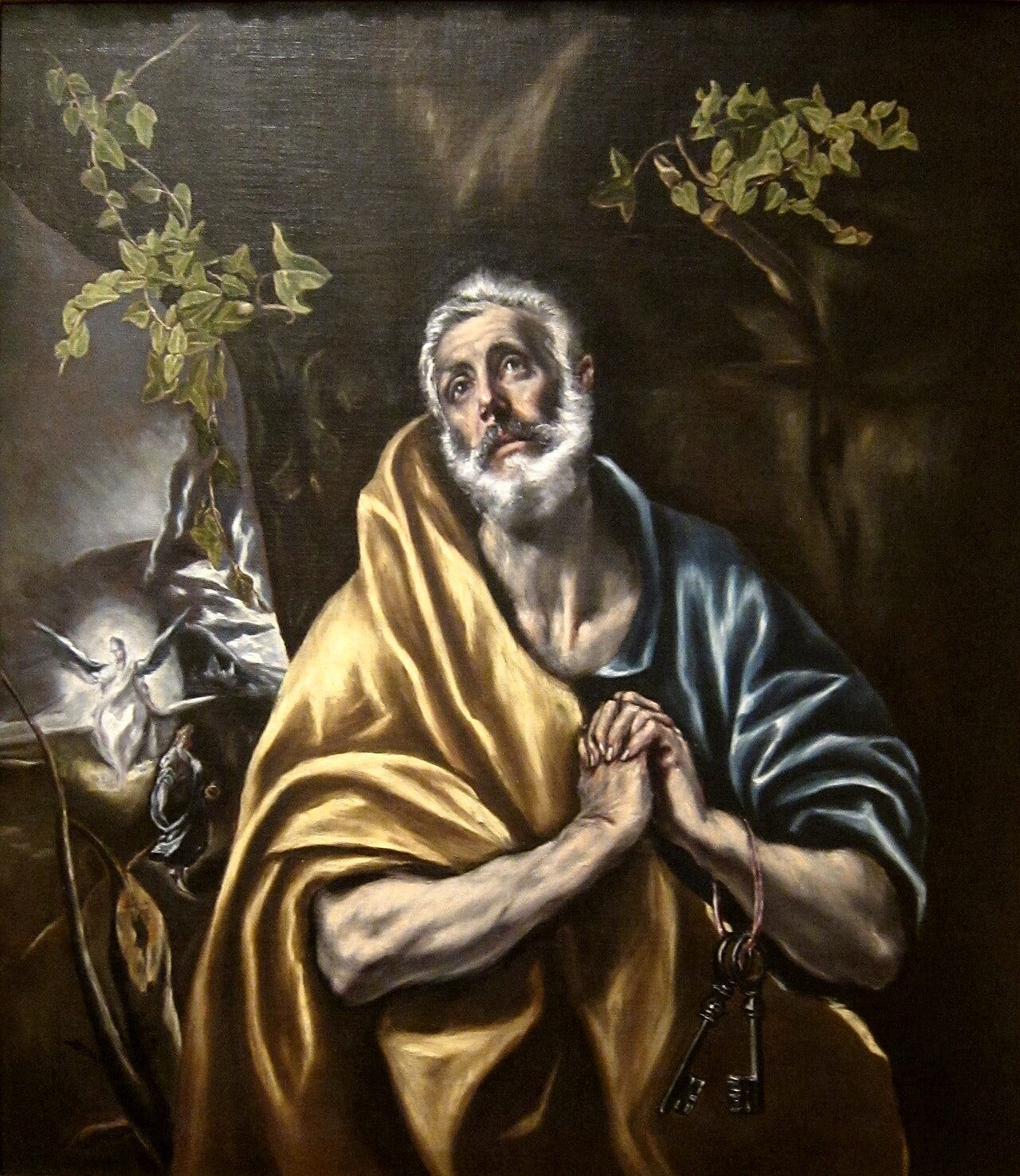 Saint Peter, hands clasped and eyes wet, looks up to heaven in remorse Saint Peter, hands clasped and eyes wet, looks up to heaven in remorse
