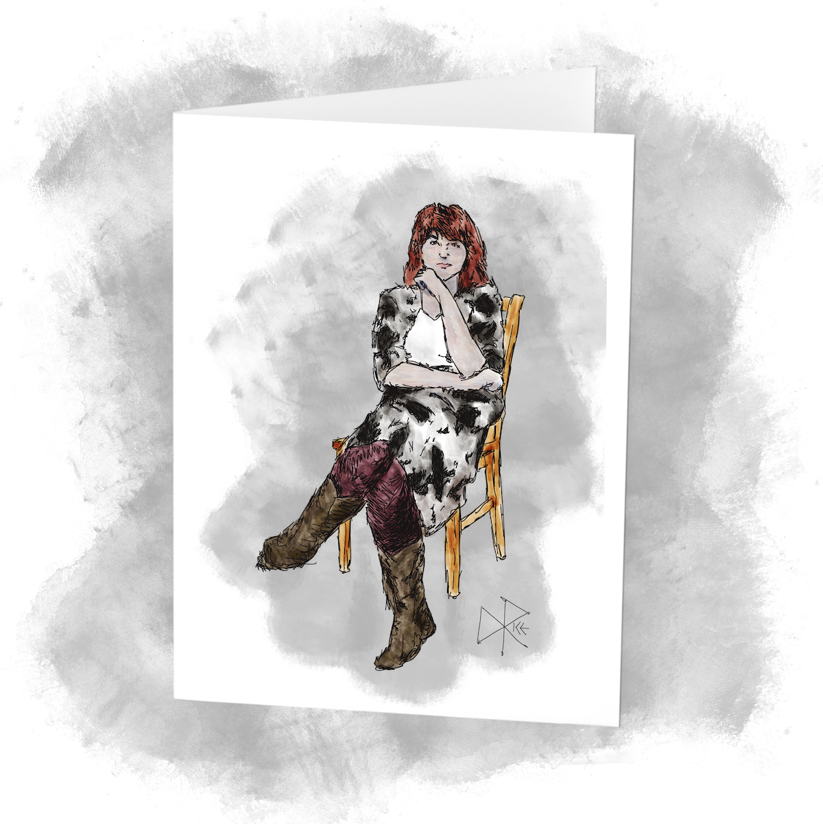 A woman seated on a wooden chair, legs crossed, wearing brown boots and a cow-print skirt and top, over a white t-shirt. Sketch art by Don Rice.