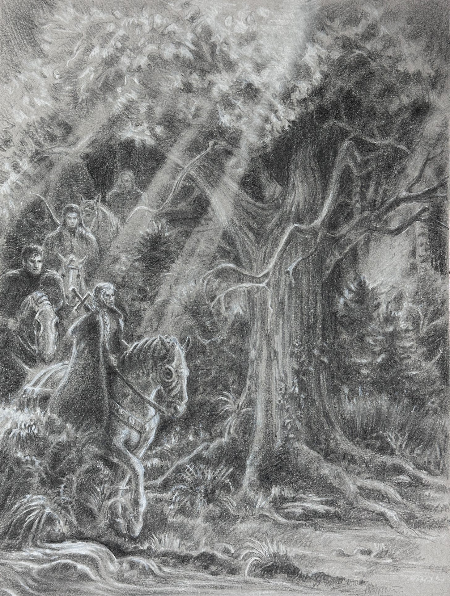 Riding Through the Wilds by Kindrie Grove, fantasy drawing for Book One of the Stone Guardians, The Messenger From Myris Dar