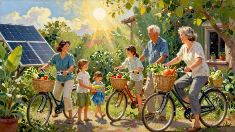 Sustainable Living for Health and Well‑Being Family practicing sustainable living at home: a multigenerational family in a sunlit home surrounded by plants, bicycles, solar panels, and fresh vegetables, symbolizing sustainable living and health.