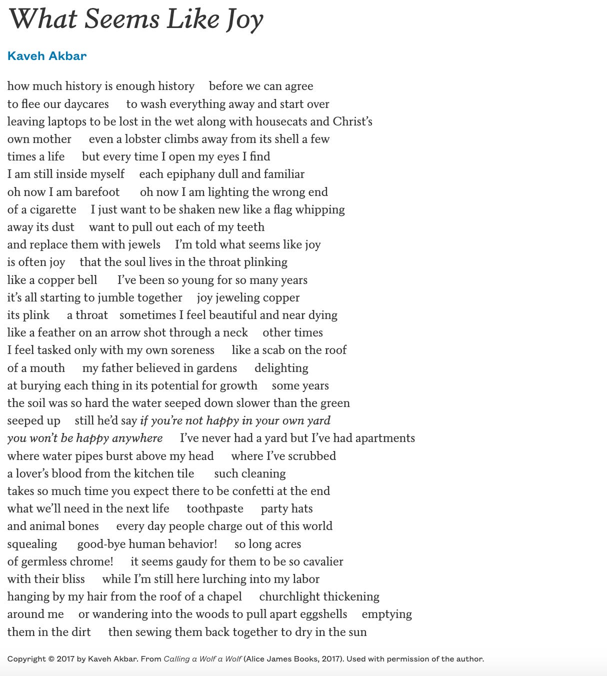 a screenshot of the poem what seems like joy by kaveh akbar