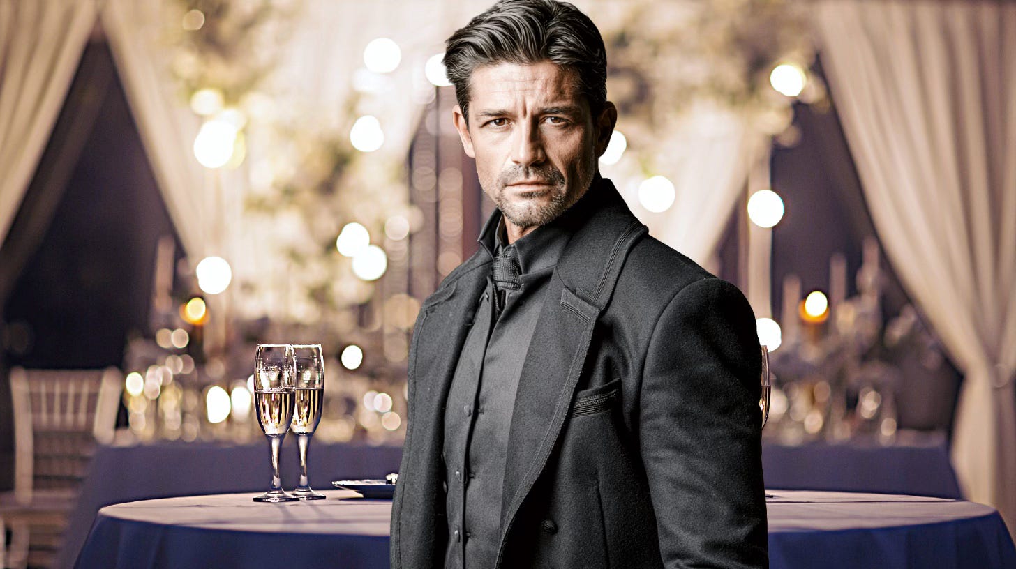 A sharply dressed man with black hair and a trimmed beard stands beside a formally set banquet table in an elegant black suit and overcoat. Warm chandelier lights and draped curtains blur behind him, creating a luxurious, cinematic atmosphere.