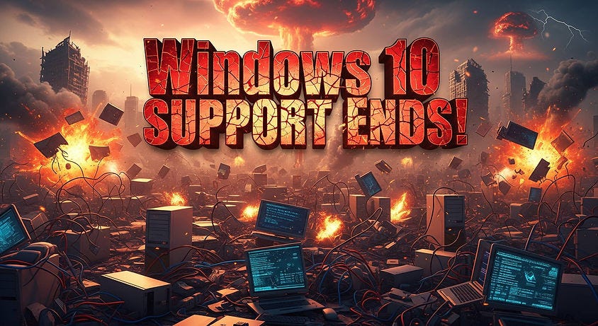 Explosive scene with scattered computers and cables amidst fiery destruction. Text reads "Windows 10 SUPPORT ENDS!" Towering explosions in the background.