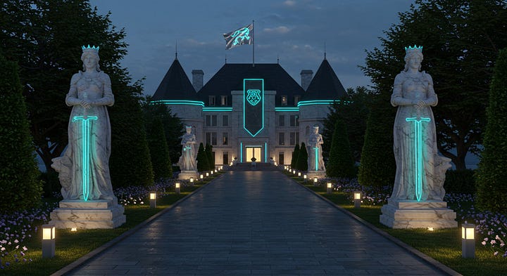 Images of a Golden Whale, Silver Shark, A Knight in a futuristic city and a Futuristic Chateau
