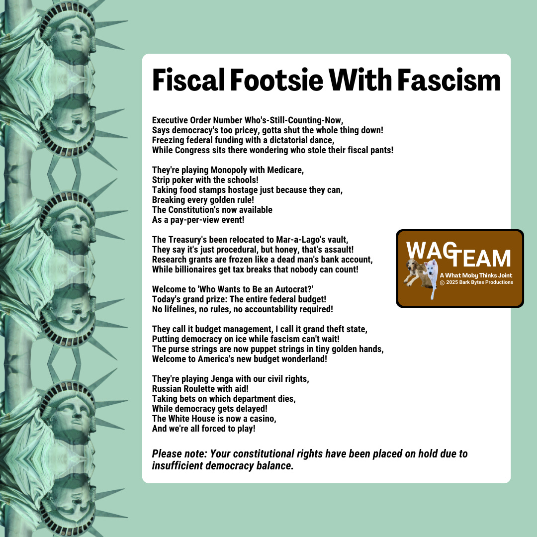 A clean, modern lyric sheet design featuring the song "Fiscal Footsie With Fascism" against a mint-green background decorated with repeating Statue of Liberty faces. The text is laid out in verses detailing the constitutional crisis through casino metaphors and dark humor. The WAG Team logo appears in the corner, presumably wondering how we got to a point where satirical songs about budget processes became necessary. The whole thing looks like what would happen if the Federal Register started a punk band.