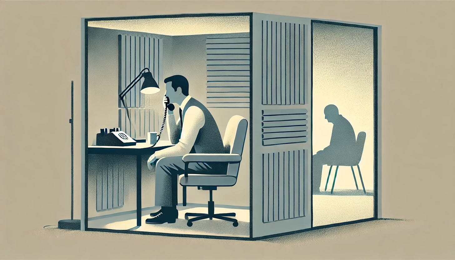 A minimalistic illustration of a male counselor sitting in a soundproof booth with his back turned, holding a phone to his ear. The booth is softly lit and lined with acoustic panels, and a desk in front of him holds a cup of tea and a notebook. Outside the booth, a ghostly image of a lonely older man appears, seated alone in a dimly lit room. The color palette is subdued, using muted blues, greys, and warm beige tones to evoke a quiet, emotional atmosphere.