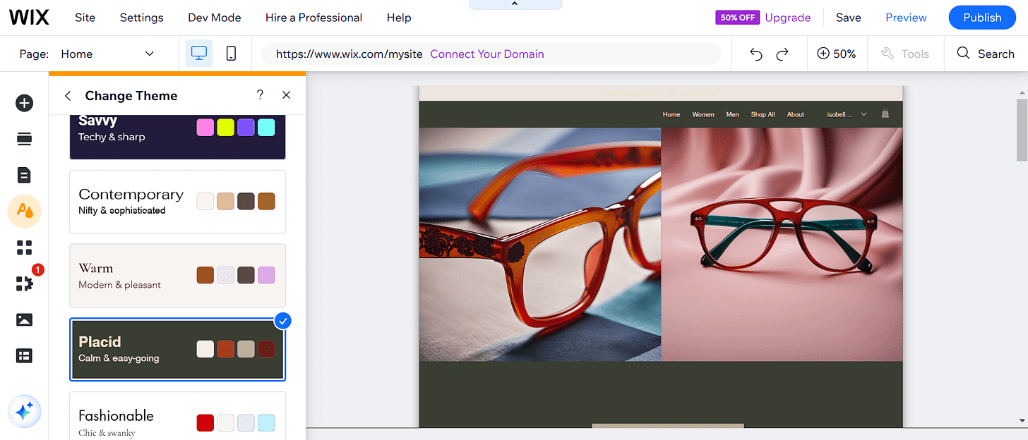Wix lets you fine tune the color palette of your website