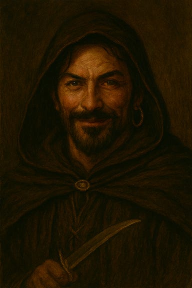Portrait of Arrigal, inspired by the previous image. He wears dark velvet, a gold hoop earring, and a curved dagger at his side. His expression is cruel and amused, with sharp features and intense eyes. The background is misty and shadowed, evoking the stable yard behind the Blue Water Inn in Vallaki. The atmosphere is cinematic and moody—a predator in profile. Portrait of Arrigal, inspired by the previous image. He wears dark velvet, a gold hoop earring, and a curved dagger at his side. His expression is cruel and amused, with sharp features and intense eyes. The background is misty and shadowed, evoking the stable yard behind the Blue Water Inn in Vallaki. The atmosphere is cinematic and moody—a predator in profile.