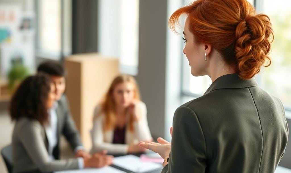 Looking from the side of a successful business woman with red hair and a soft curl directing a meeting where the business team is engaged