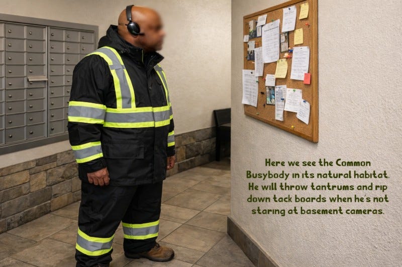 Overweight man wearing a Bluetooth earpiece and a black, yellow and silver safety HI-RES rain suit while scowling in a lobby, looking at signs on a tack board.