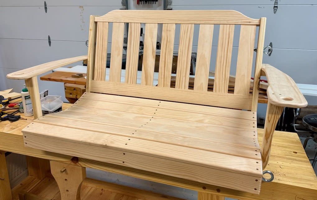 A completed (but unfinished) porch swing bench. A completed (but unfinished) porch swing bench.