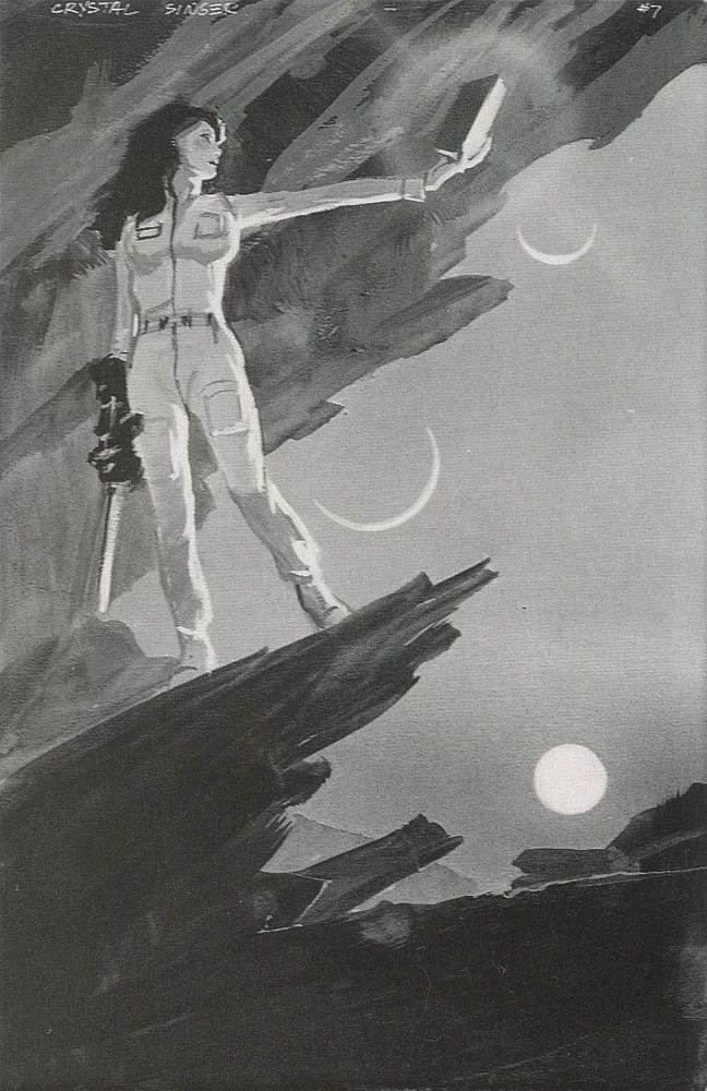 Alternate preliminary concept (tonal) from CRYSTAL SINGER featuring Killashandra in a jumpsuit holding a large black crystal at arm's length. Her other hand rests at her side hidden in a gauntlet with a needle protruding from the end. She stands at the edge of a jagged outcrop. A diagonal of rock runs overhead behind her leaving a partial view of the sky. The sun sits low while two crescents of moon crowd the upper edge, narrow slivers facing in opposite directions. Alternate preliminary concept (tonal) from CRYSTAL SINGER featuring Killashandra in a jumpsuit holding a large black crystal at arm's length. Her other hand rests at her side hidden in a gauntlet with a needle protruding from the end. She stands at the edge of a jagged outcrop. A diagonal of rock runs overhead behind her leaving a partial view of the sky. The sun sits low while two crescents of moon crowd the upper edge, narrow slivers facing in opposite directions.