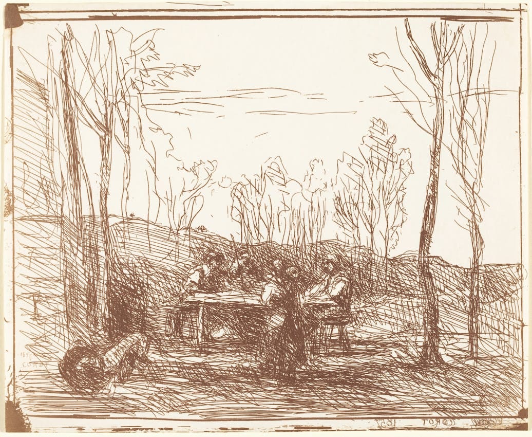 Sketchy lines depict a outdoor lunch scene Sketchy lines depict a outdoor lunch scene