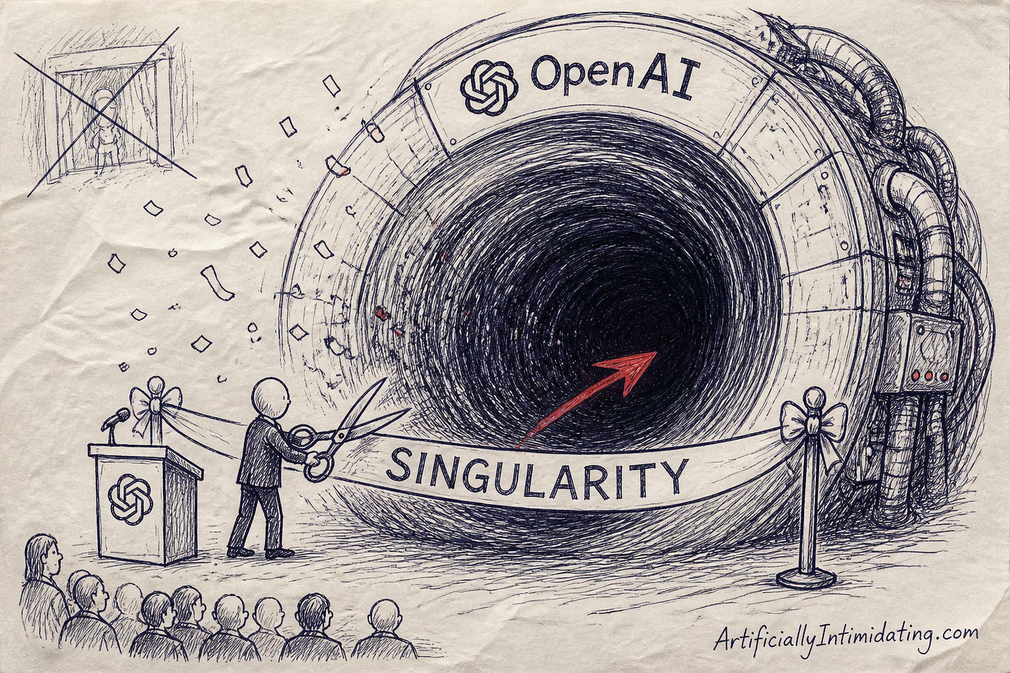 Editorial cartoon: an executive cuts a grand-opening ribbon labeled Singularity across the mouth of an enormous black hole Editorial cartoon: an executive cuts a grand-opening ribbon labeled Singularity across the mouth of an enormous black hole
