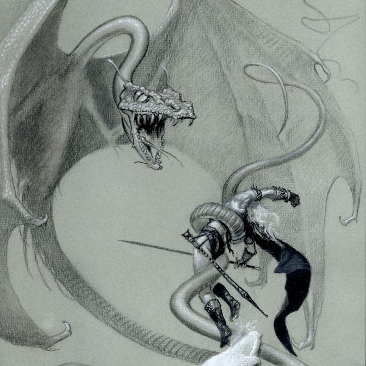 LEFT: Detail from THE OONAI featuring Elric coiled in the tail of a winged serpent, which hovers with mouth open, baring fangs and forked tongue in a hiss.  RIGHT: Scan from the Archival Press edition of THE VANISHING TOWER featuring cut off text on the left and the interior illustration THE OONAI on the facing page.