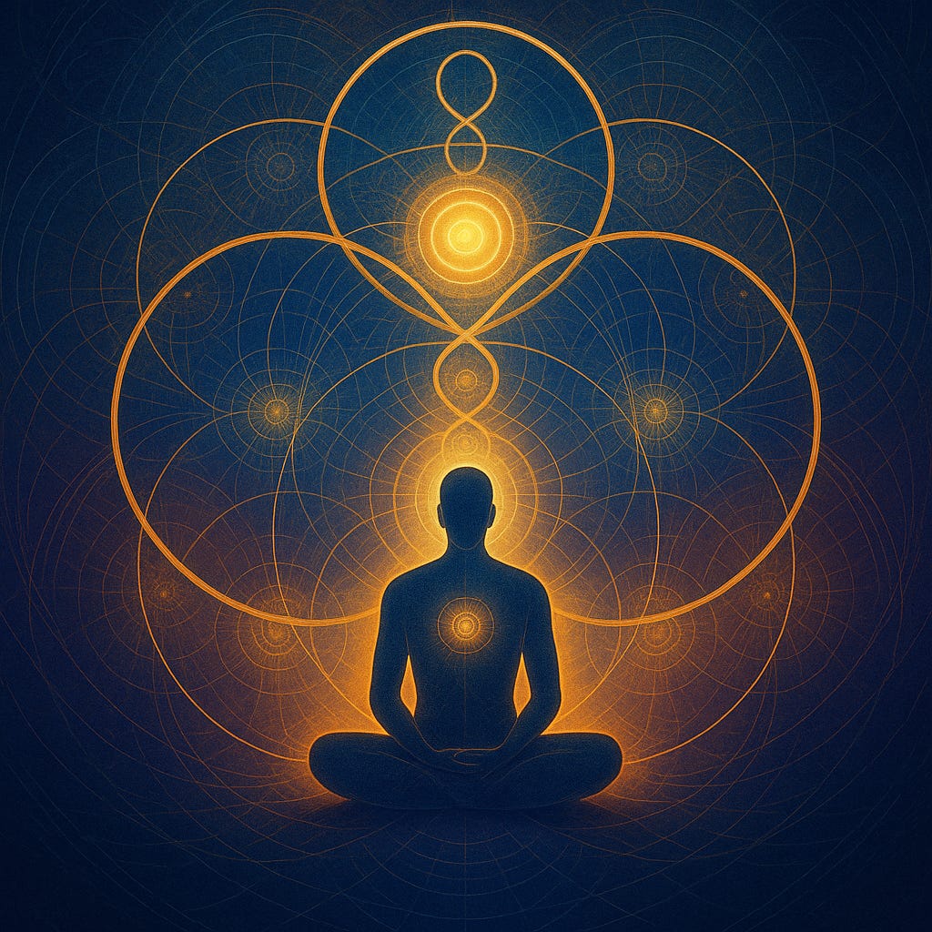 A glowing silhouette of a meditating figure sits serenely at the centre, illuminated by radiant golden light. Spiralling energy and delicate geometric patterns—mandalas, circles, and an infinity symbol—radiate from the figure’s core, harmonising in an elegant dance of symmetry and transcendence. The deep blue background enhances the ethereal glow, evoking a sense of unity, balance, and the enlightened path of perception.