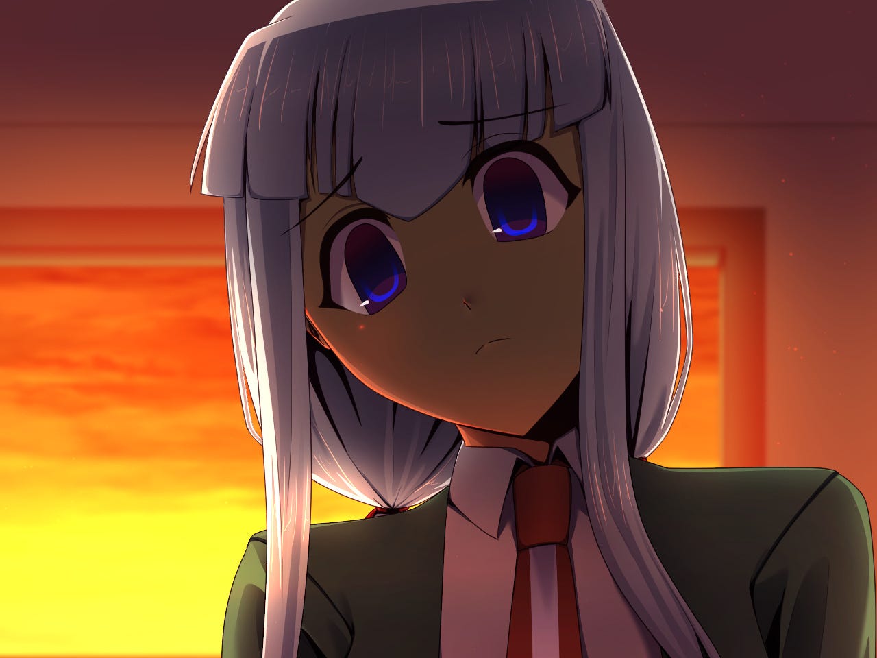 completed version of a cg of a worried auma looking at the viewer in the afternoon light in a classroom