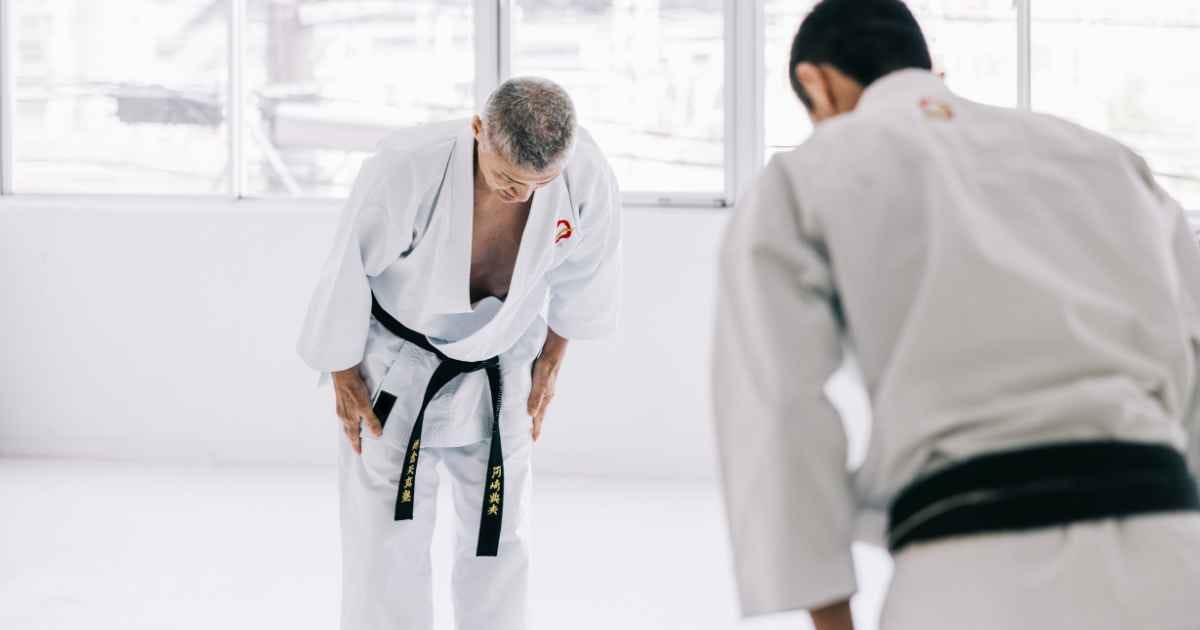 two Japanese karate masters bowing before their practice 