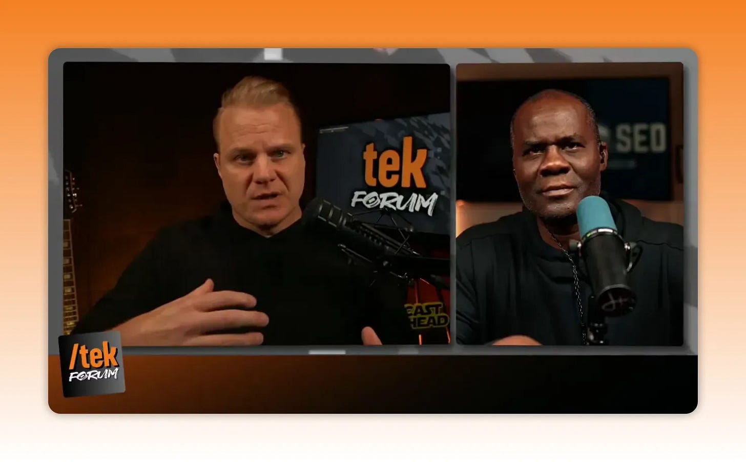 Two podcast hosts in a split-screen layout, left host gesturing and right host at a microphone Two podcast hosts in a split-screen layout, left host gesturing and right host at a microphone