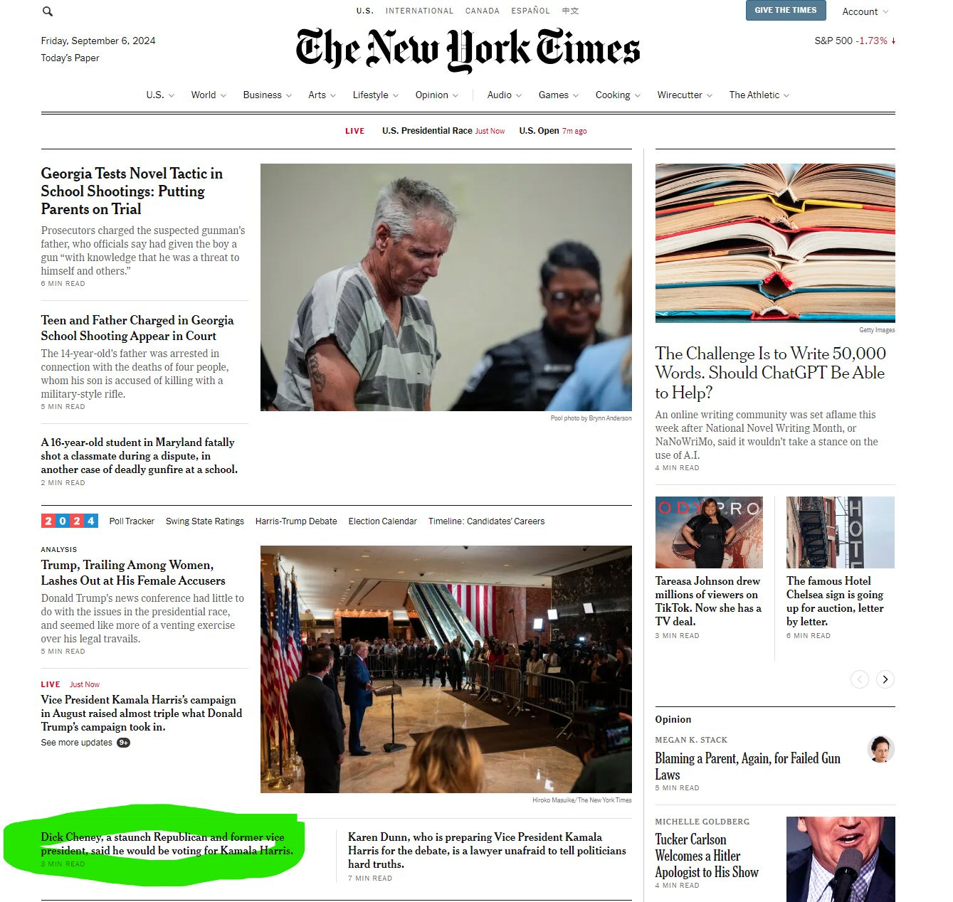 Captura del NYT. La noticia sobre Cheney está en una esquina, pequeñita.