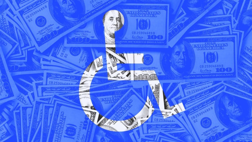 Photo illustration of a pile of $100 bills as seen from above; the image is tinted blue and is overlaid with the handicap symbol. The face of Benjamin Franklin on one of the bills appears in the head of the symbol.