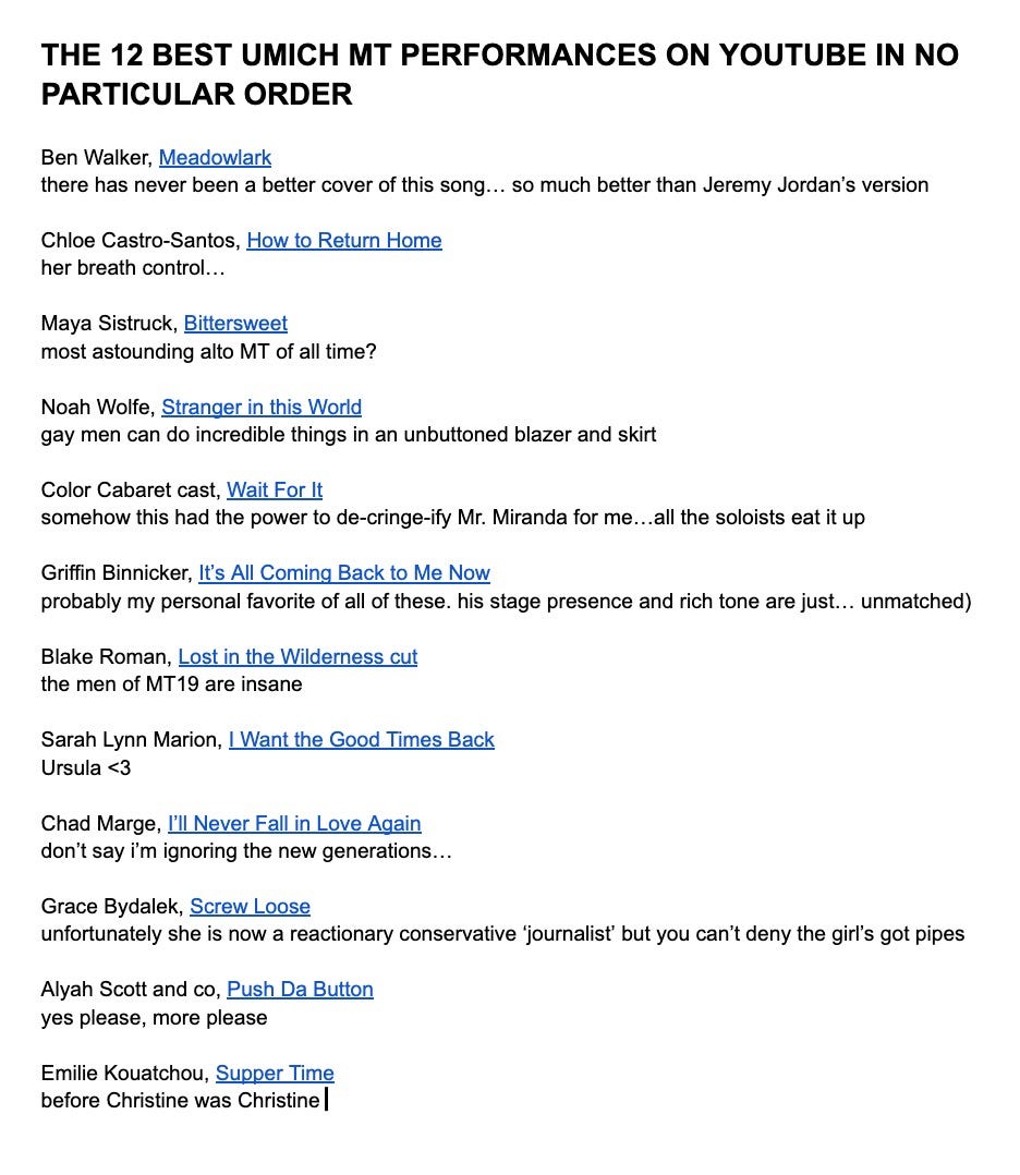 A screenshot of a list of the best UMichigan musical theater department performances with commentary.