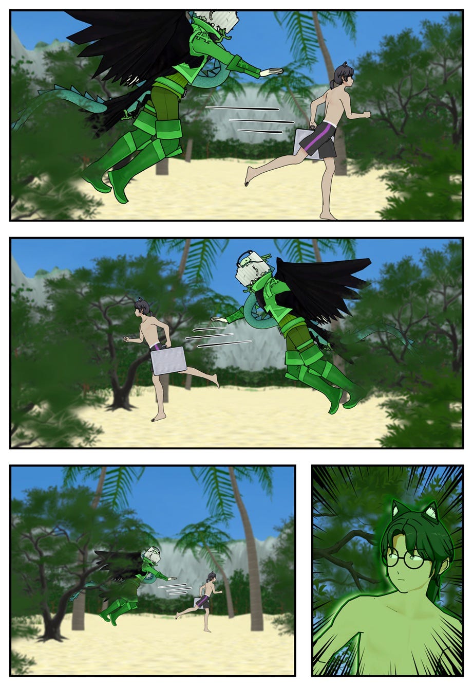 The dragon chases Ruff back and forth between trees on the beach, and Ruff begins to power up.