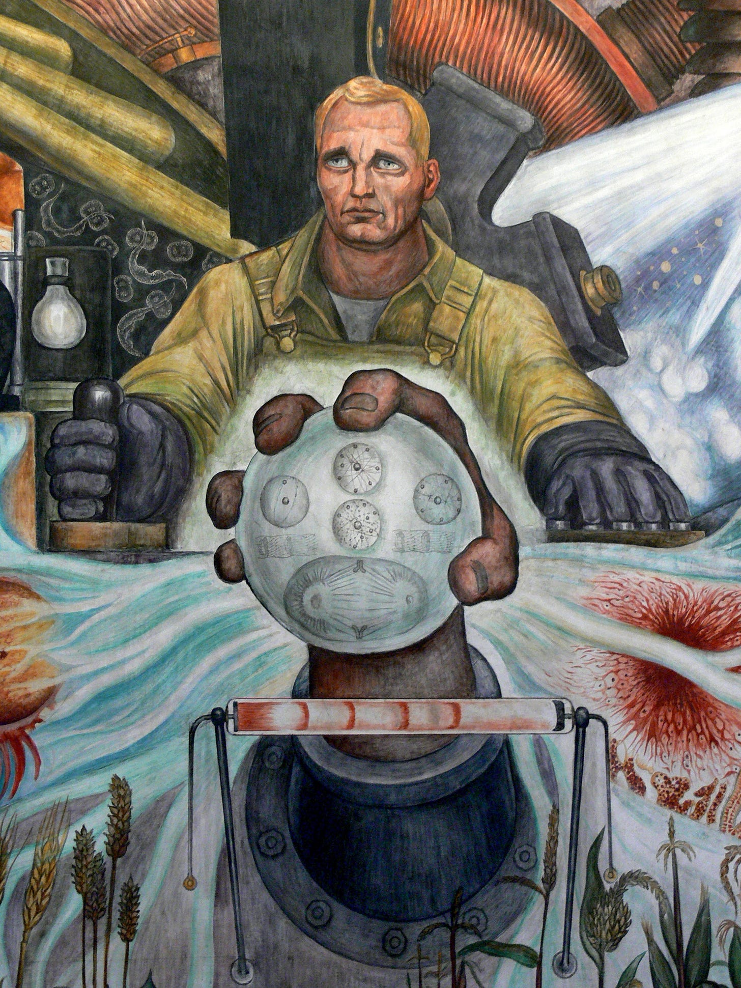 Detail of the central worker figure holding a sphere in Diego Rivera's Man, Controller of the Universe mural Detail of the central worker figure holding a sphere in Diego Rivera's Man, Controller of the Universe mural