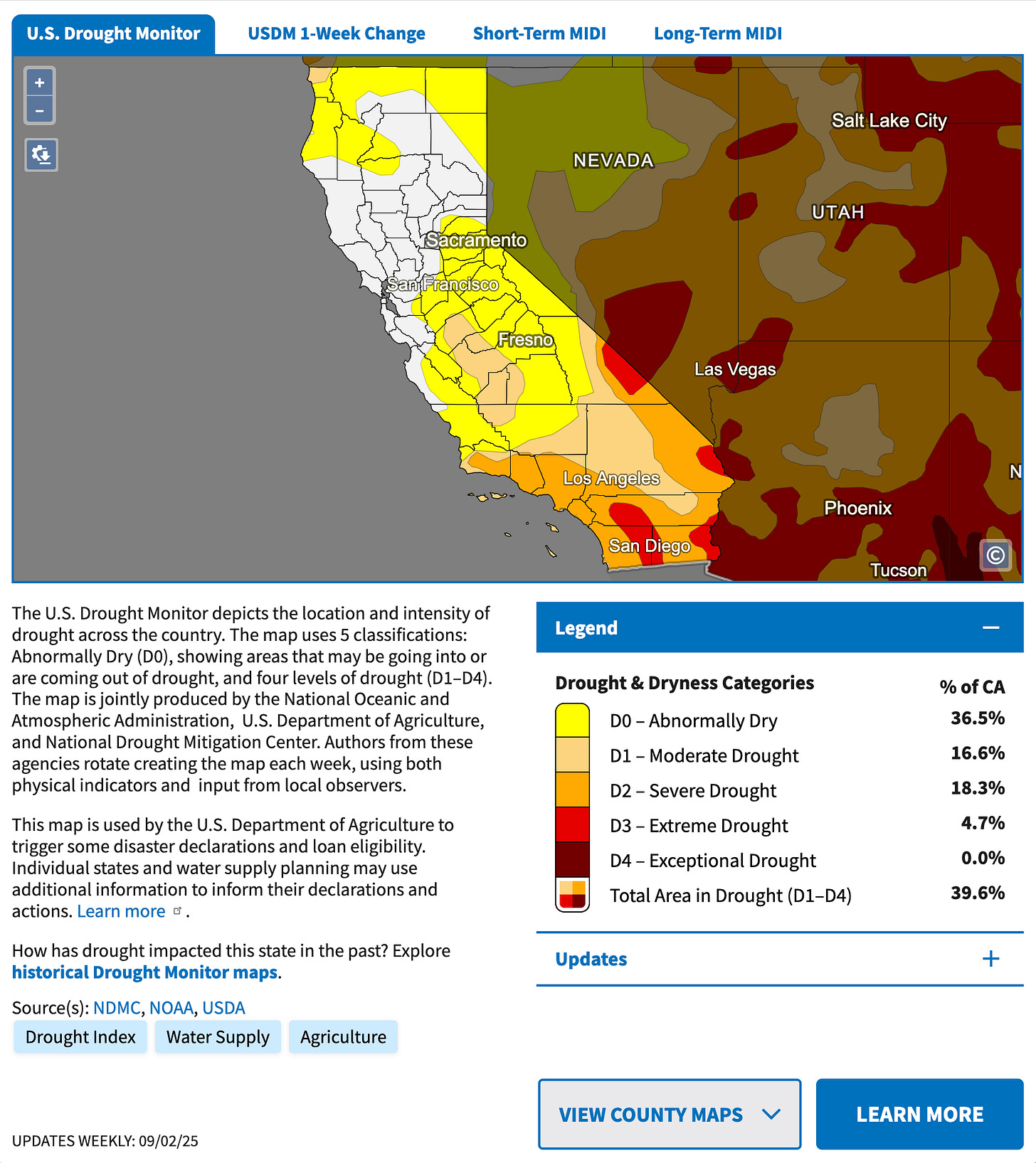 California drought map. Three quarters of the state abnormally dry or worse.
