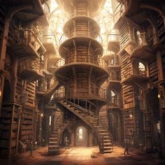 This may contain: a large room with many bookshelves and stairs in the center, as well as a spiral staircase leading up to an open door