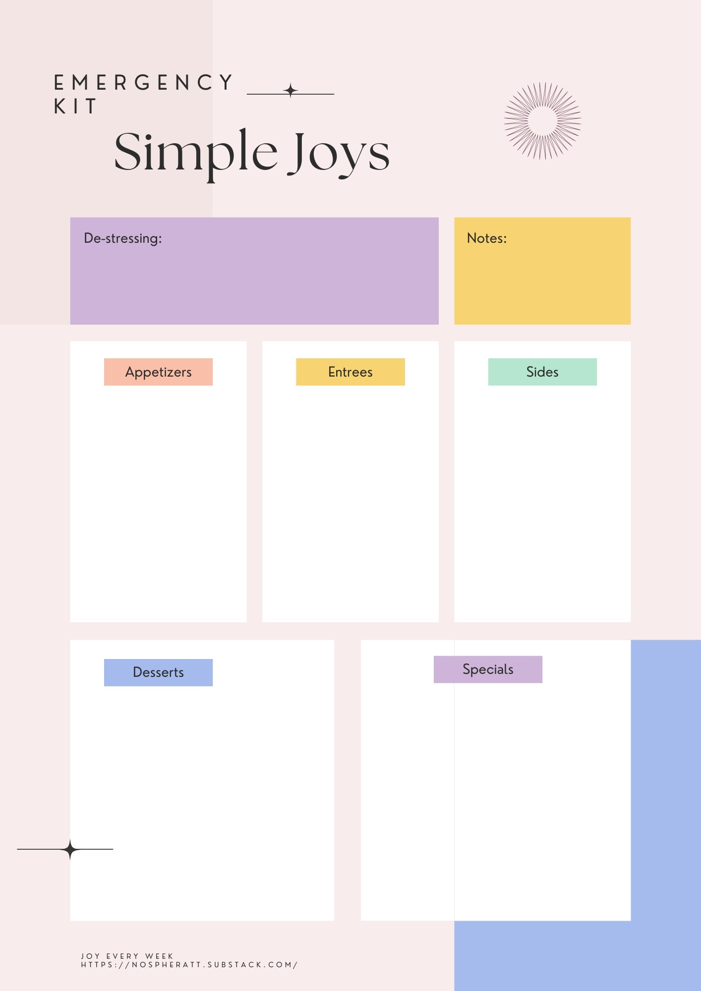Colorful menu divided in squares titled de-stressing, notes, appetizers, sides, desserts, and specials.