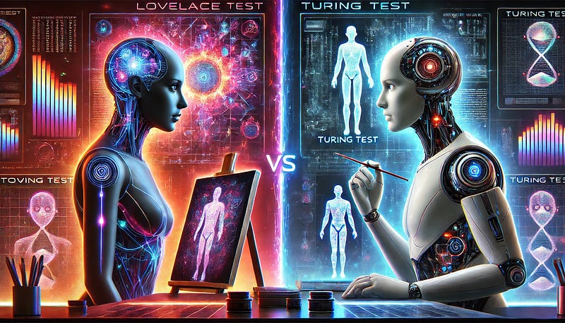 A futuristic digital illustration depicting a conceptual battle between the Lovelace Test and the Turing Test. On the left, a sleek humanoid AI with glowing neural circuits interacts with an artist’s canvas, symbolizing creativity and the Lovelace Test. On the right, a robotic figure engages in a deep conversation with a human through a holographic interface, representing the Turing Test. The background features a high-tech cybernetic world with data streams and neon-lit AI symbols. The lighting A futuristic digital illustration depicting a conceptual battle between the Lovelace Test and the Turing Test. On the left, a sleek humanoid AI with glowing neural circuits interacts with an artist’s canvas, symbolizing creativity and the Lovelace Test. On the right, a robotic figure engages in a deep conversation with a human through a holographic interface, representing the Turing Test. The background features a high-tech cybernetic world with data streams and neon-lit AI symbols. The lighting