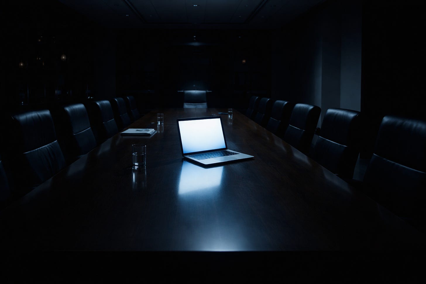 A dark corporate boardroom at night with a long wooden table and empty chairs, illuminated only by the glow of a single open laptop in the centre.