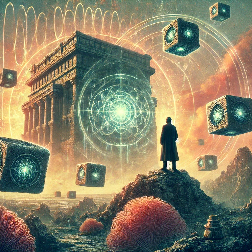 A visionary, surreal illustration depicting Edward Leedskalnin standing before Coral Castle, with large, mysterious stone blocks floating or being levitated around him. The scene is bathed in a mystical aura, with magnetic field lines and vibrant energy waves subtly visualized around the blocks, suggesting the influence of magnetism and unseen forces. Leedskalnin is depicted as a thoughtful, solitary figure, with hints of enigmatic symbols or light patterns in the sky above, symbolizing the Fiero Theory of Magnetivity. The overall mood is mysterious and thought-provoking, with a slight vintage tone capturing the historic context of Coral Castle. A visionary, surreal illustration depicting Edward Leedskalnin standing before Coral Castle, with large, mysterious stone blocks floating or being levitated around him. The scene is bathed in a mystical aura, with magnetic field lines and vibrant energy waves subtly visualized around the blocks, suggesting the influence of magnetism and unseen forces. Leedskalnin is depicted as a thoughtful, solitary figure, with hints of enigmatic symbols or light patterns in the sky above, symbolizing the Fiero Theory of Magnetivity. The overall mood is mysterious and thought-provoking, with a slight vintage tone capturing the historic context of Coral Castle.