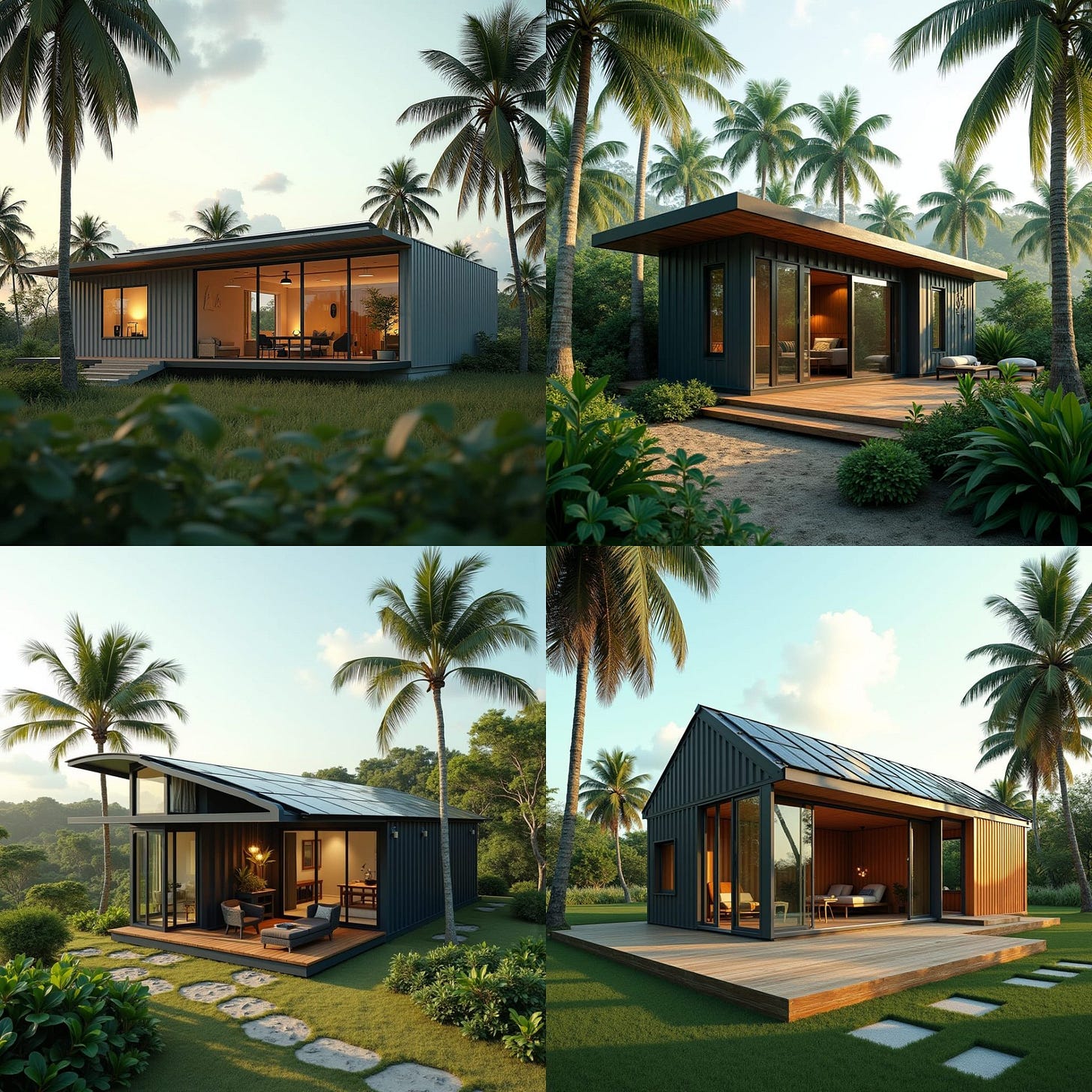 A sleek, eco-friendly container house in Jamaica, designed with modern aesthetics and sustainability in mind. The home is constructed from repurposed shipping containers, featuring large windows for natural light and ventilation. Solar panels line the roof, providing clean energy, while rainwater harvesting tanks are discreetly placed around the structure. The exterior is a blend of steel, wood accents, and glass, creating a harmonious balance between industrial chic and eco-conscious design. Minimal greenery surrounds the house, with palm trees swaying gently in the tropical breeze, set against a serene Jamaican landscape. Sustainable living, modern container design, tropical eco-home.