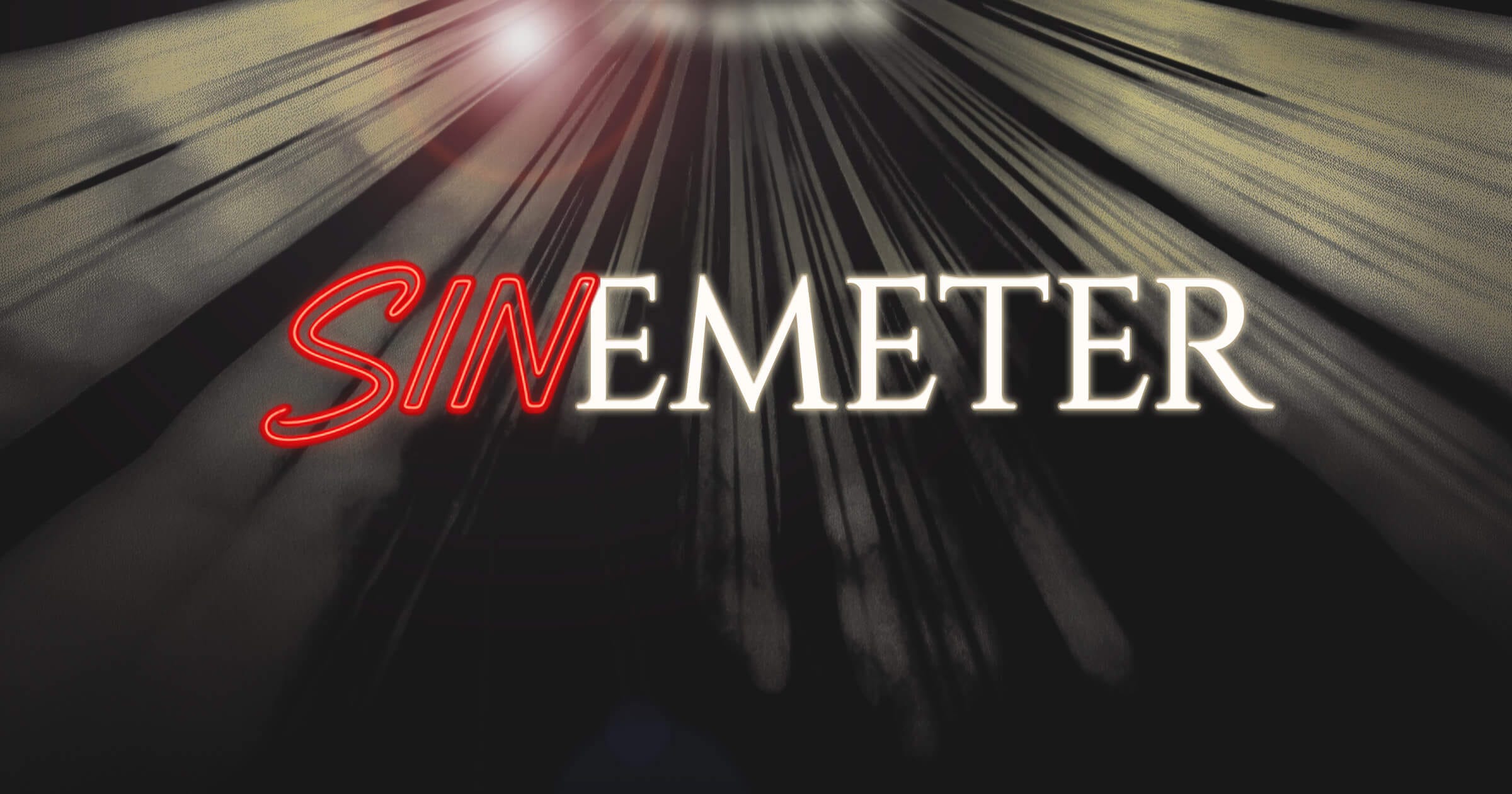The SINemter logo, red SIN in neon and the rest in glowing white, shown against a backdrop of spectral rays beaming from heaven.