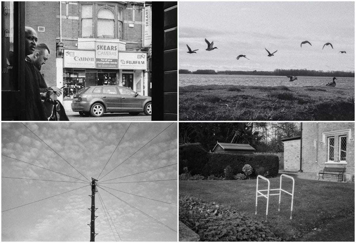 A four photo montage. Top left it a shot of my favourite camera store. Skears in Northampton. I miss it. Top right is a photo of some ducks in flight at Graham Water reservoir. Bottom left is a lone pigeon on a pole (as featured at the top of this email) and bottom right is a walking frame in a garden. I think the owner had died that week. A four photo montage. Top left it a shot of my favourite camera store. Skears in Northampton. I miss it. Top right is a photo of some ducks in flight at Graham Water reservoir. Bottom left is a lone pigeon on a pole (as featured at the top of this email) and bottom right is a walking frame in a garden. I think the owner had died that week.