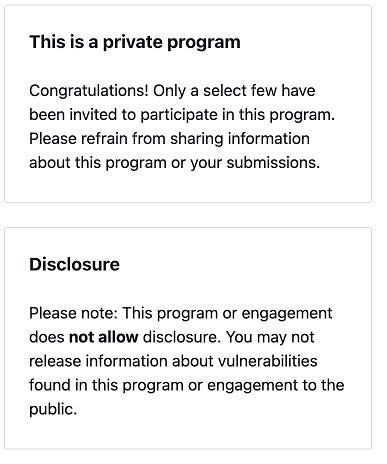 Disclaimers sent on the ticket created on Bugcrowd that congratulates me for being inveted to a private program and says this program does not allow disclosure.