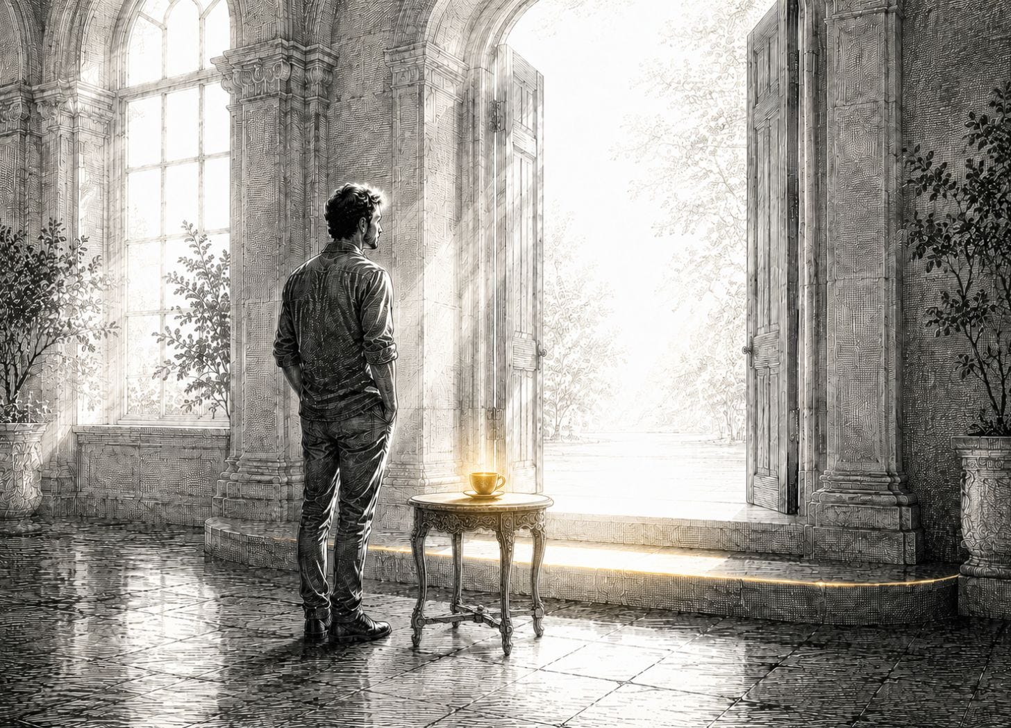 A person pauses at a luminous doorway beside a glowing cup in a bright hall of open windows.