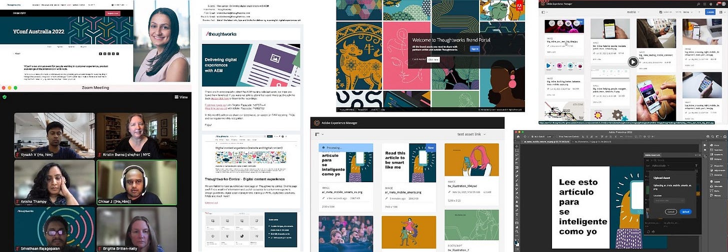 The AEM platform is the backbone that powers Thoughtworks.com, but we can use complementary tools to interact, share assets and teach users - Knak for newsletters, Adobe Brand Portal to collaborate with external partners, Quicktime to create videos, Zoom to talk, and Adobe Asset Link to use DAM assets within Adobe design tools like Photoshop - giving us more value from AEM.