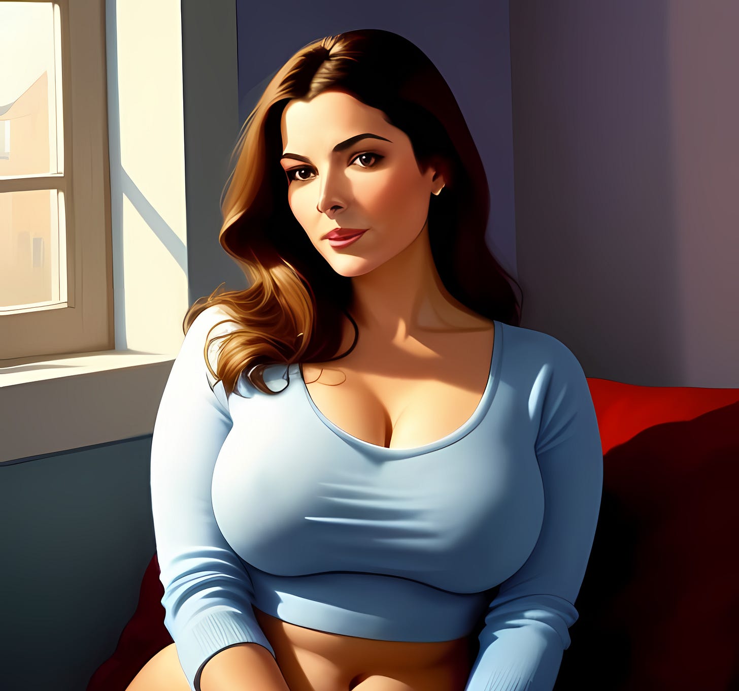 An AI rendered image of a beautiful mature woman in a crop top, rendered in a painterly style.
