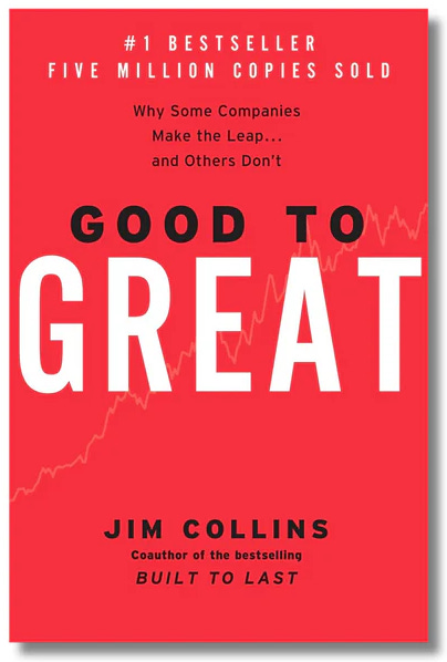 Cover of the book Good to Great by Jim Collins, featuring bold red background with a white and black title text. Cover of the book Good to Great by Jim Collins, featuring bold red background with a white and black title text.