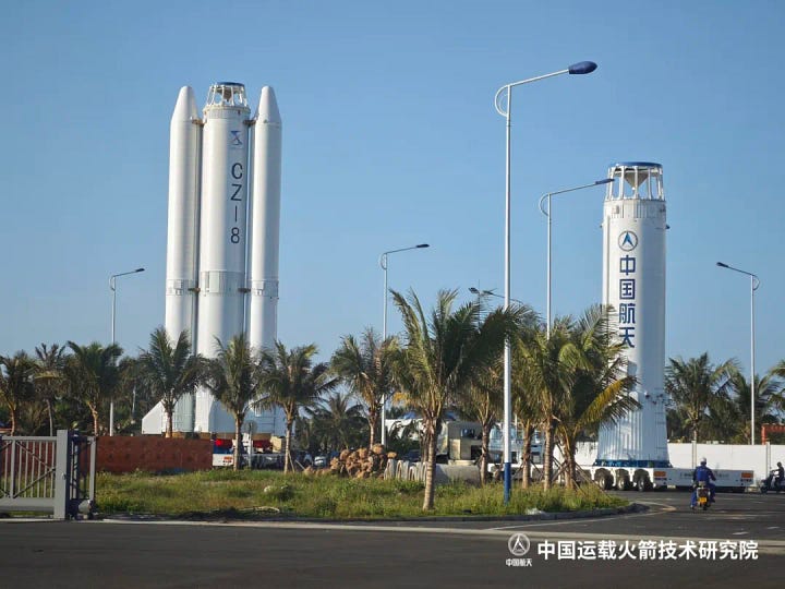 The Long March 8's first and second stages being transported through the Wenchang Commercial Space Launch Site.