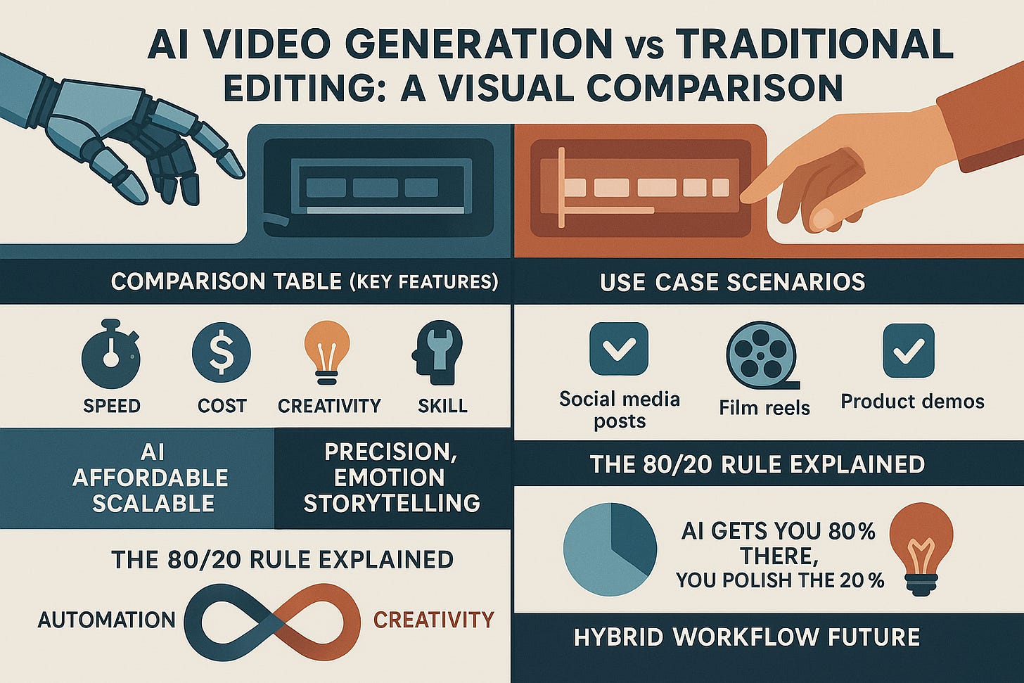 Infographic comparing AI video generation with traditional editing—features, costs, use cases, the 80/20 rule, and the hybrid future of video creation