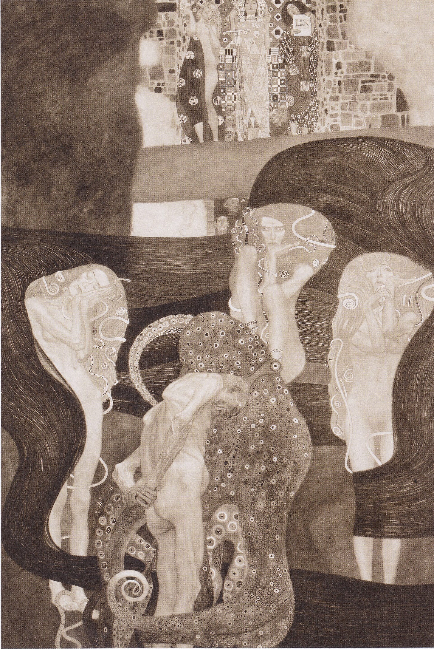 Black and white photograph of a tall painting: an old naked man with bowed head held by the tentacles of a huge octopus, three naked women around him, and three small figures high above in a gold setting.