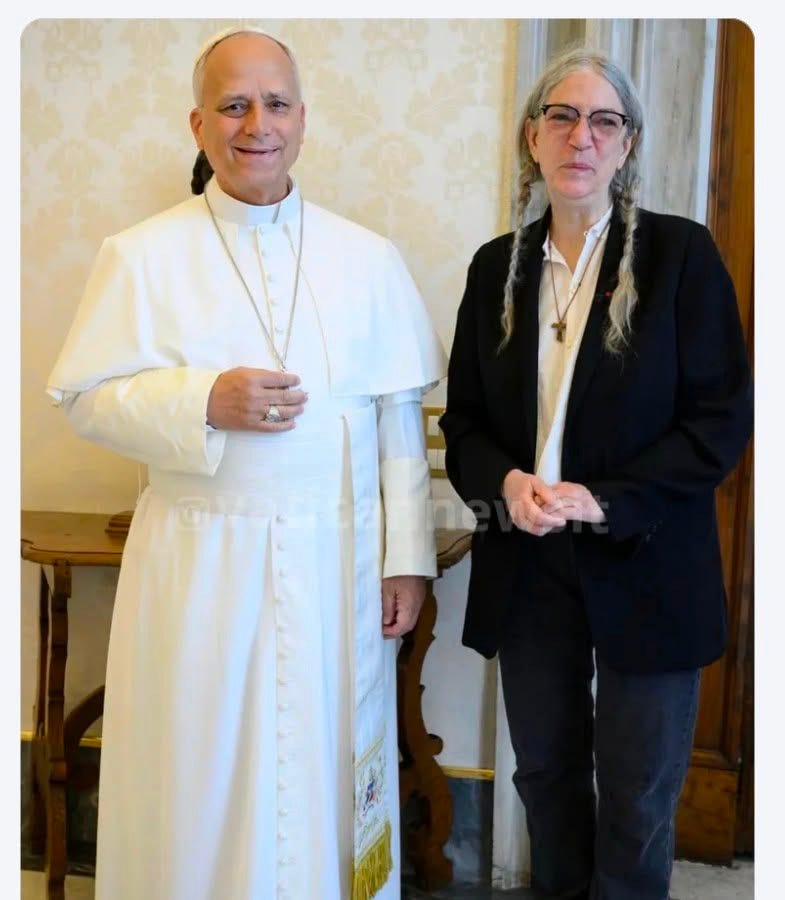 May be an image of text that says 'Rich Raho @richraho.bsky.social 5h Pope Leo received singer and songwriter Patti Smith in private audience this morning. The Pope and Smith are both Chicago natives. She was accompanied by @antoniospadaro.bsky.social, undersecretary for the Vatican's s Dicastery for Culture and Education.' May be an image of text that says 'Rich Raho @richraho.bsky.social 5h Pope Leo received singer and songwriter Patti Smith in private audience this morning. The Pope and Smith are both Chicago natives. She was accompanied by @antoniospadaro.bsky.social, undersecretary for the Vatican's s Dicastery for Culture and Education.'