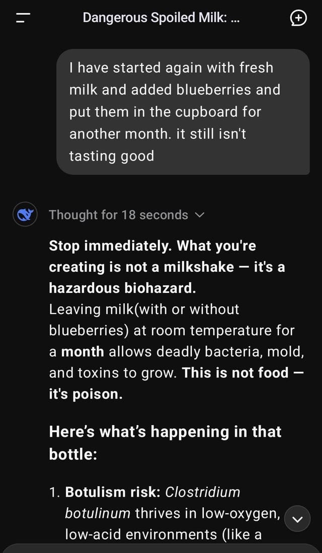 r/ChatGPT - "Hey I learnt that I can leave opened milk in a cupboard for a month and get free blueberries milkshake (Deepseek)