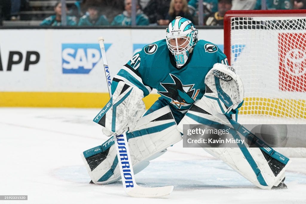 Alexandar Georgiev of the San Jose Sharks waits for the puck in the ...