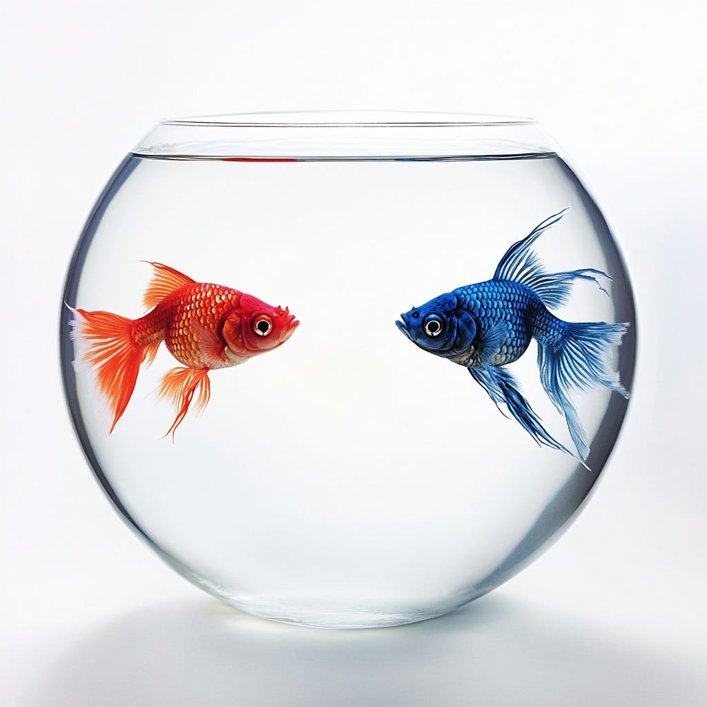 A red and blue fish face each other in a fishbowl