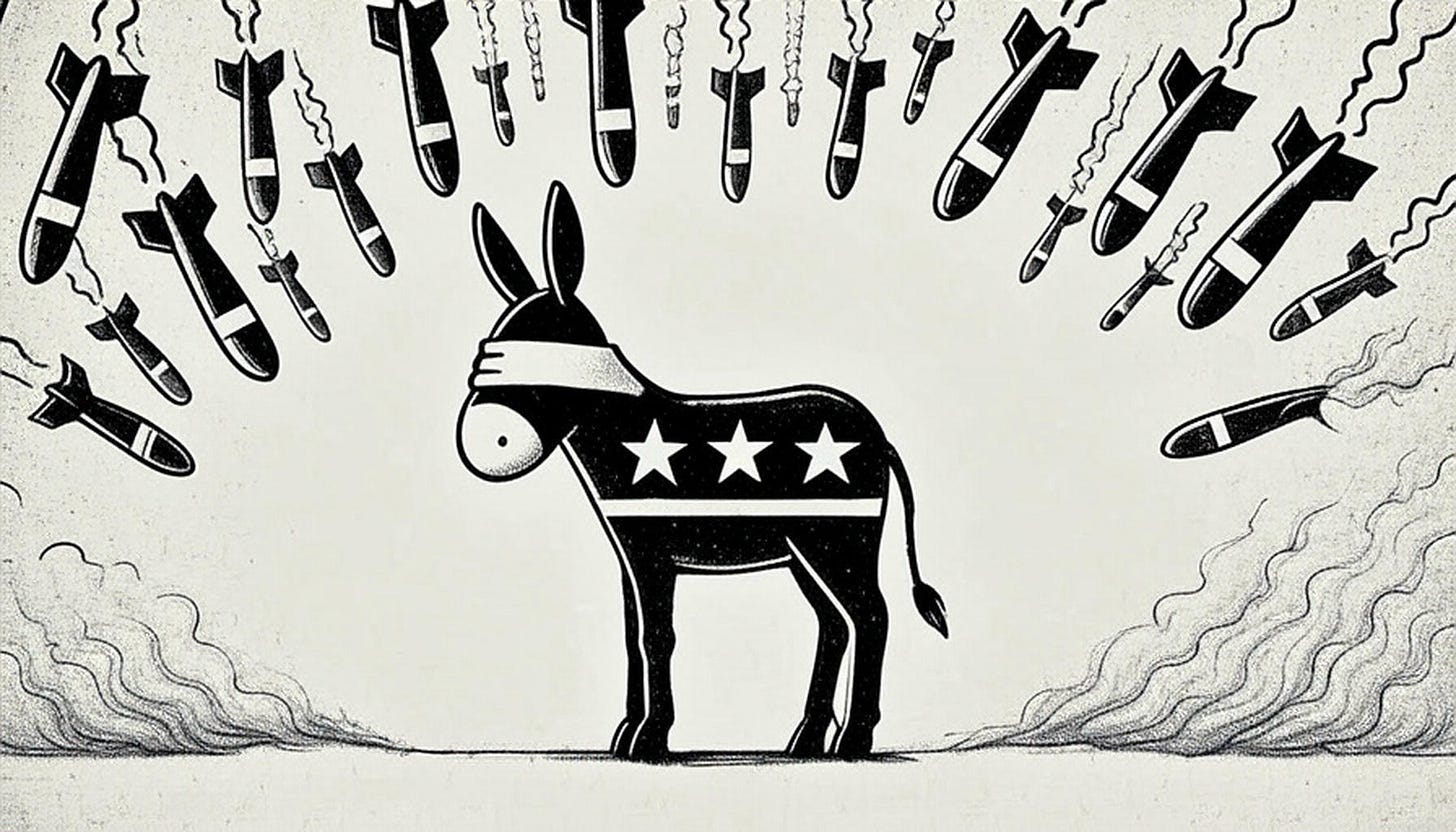 Blindfolded donkey with stars on its side, surrounded by falling bombs and billowing smoke.